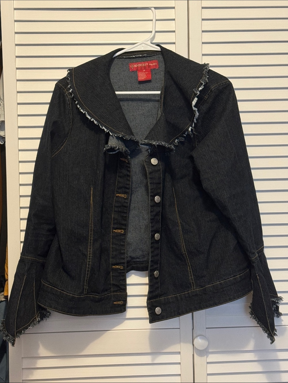 Dark Wash Jean Jacket with Frayed Trim FITS MORE LIKE A LARGE